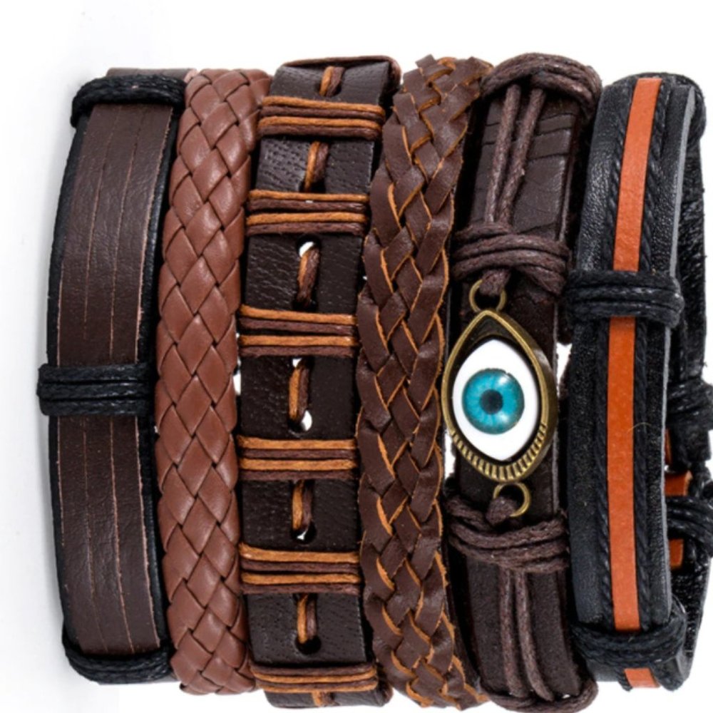 Leaf Feather Wood Leather Wristband Braided Handmade Star Rope Wrap Bracelet